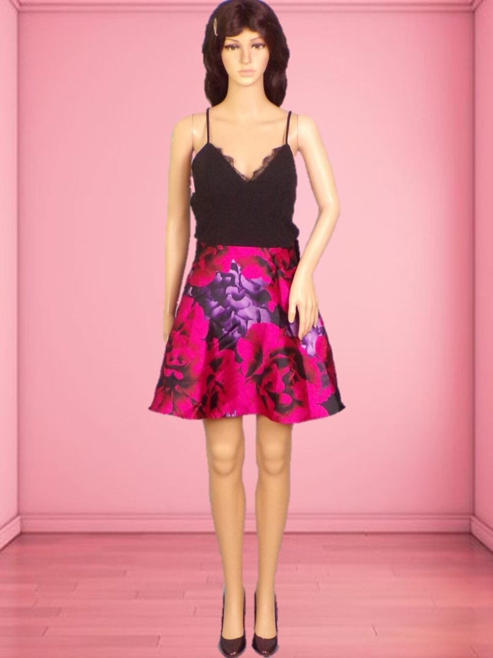 JODI KRISTOPHER size 7 black/red/purple OTS fit/flare party/cocktail dress